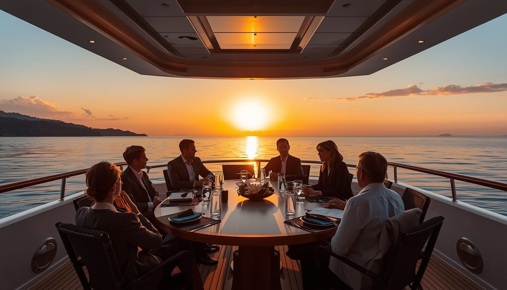 lucid-origin_business_professionals_yacht_meeting_sunset_luxury_16_9-1