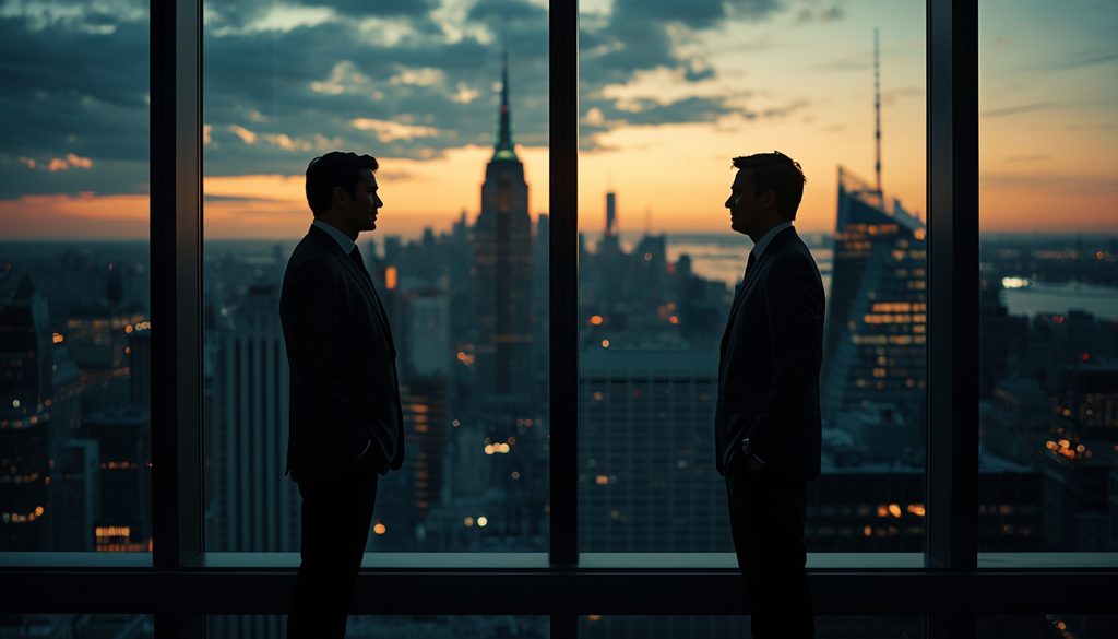 lucid-origin_two_executives_conversation_window_skyline_sunset_16_9-0